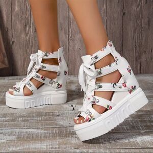 White Floral Platform Shoes with Strappy Design